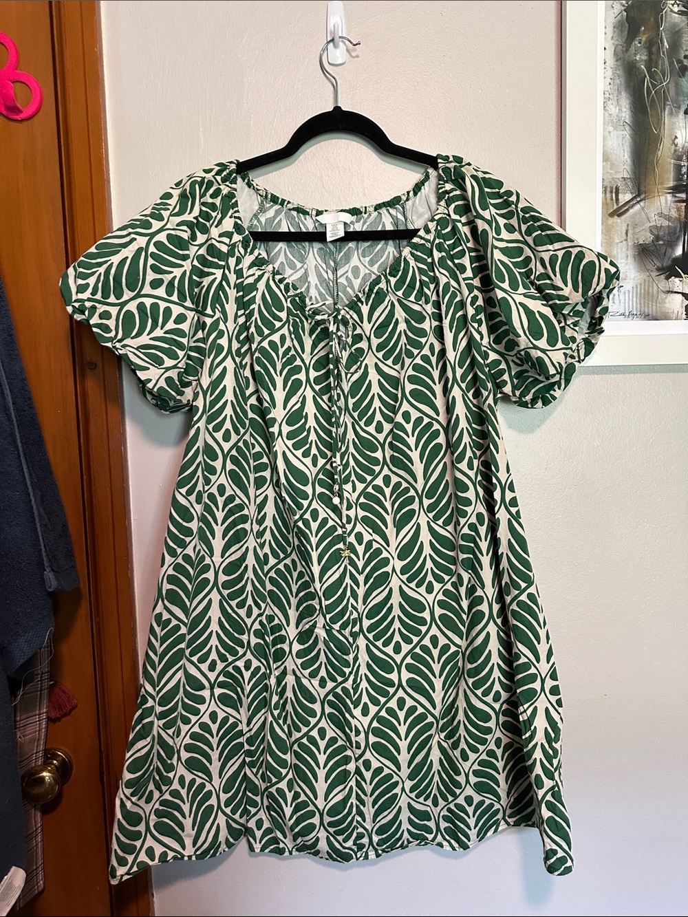 H&M Cream Midi Dress with Green Leaf Print